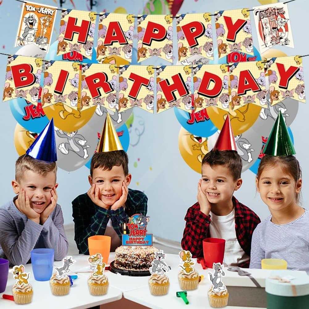 Set 18 baloane copii, Tom & Jerry, Petrecere Aniversara, Latex, 1 Banner Happy Birthday, 12 Cupcake Topper, 1 Cake Topper, Multicolor - costumecarnaval - serbare.ro
