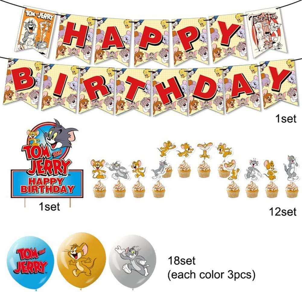 Set 18 baloane copii, Tom & Jerry, Petrecere Aniversara, Latex, 1 Banner Happy Birthday, 12 Cupcake Topper, 1 Cake Topper, Multicolor - costumecarnaval - serbare.ro