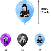 Set 18 baloane copii, Wednesday Addams, Petrecere Aniversara, EvrikaUnity®, Latex, 1 Banner Happy Birthday, 12 Cupcake Topper, 1 Cake Topper, Mov / Roz / Albastru - costumecarnaval - serbare.ro
