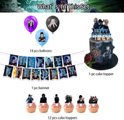 Set 18 baloane copii, Wednesday Addams, Petrecere Aniversara, EvrikaUnity®, Latex, 1 Banner Happy Birthday, 12 Cupcake Topper, 1 Cake Topper, Mov / Roz / Albastru - costumecarnaval - serbare.ro