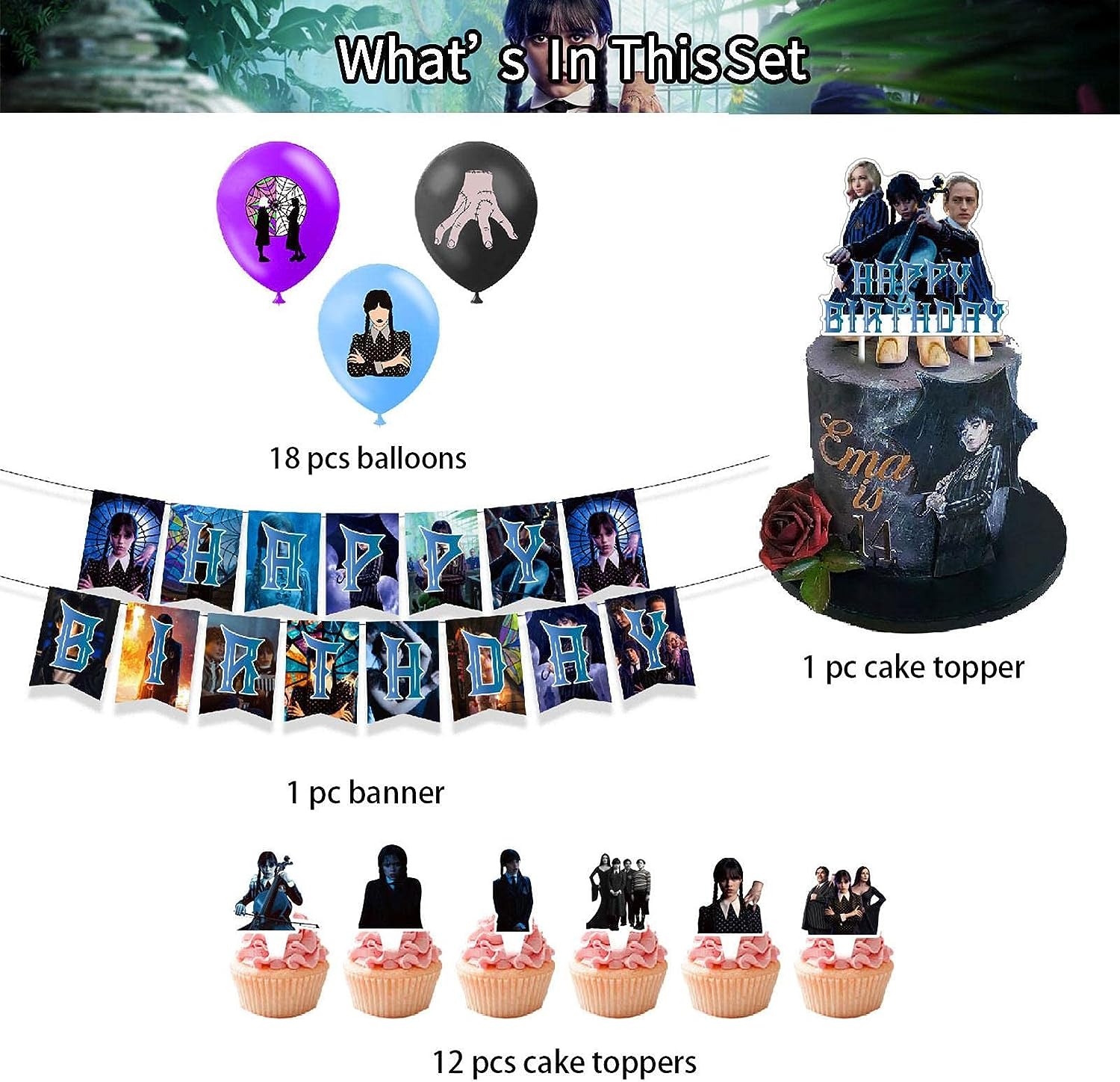 Set 18 baloane copii, Wednesday Addams, Petrecere Aniversara, EvrikaUnity®, Latex, 1 Banner Happy Birthday, 12 Cupcake Topper, 1 Cake Topper, Mov / Roz / Albastru - costumecarnaval - serbare.ro
