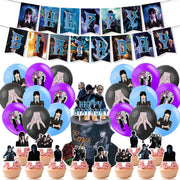 Set 18 baloane copii, Wednesday Addams, Petrecere Aniversara, EvrikaUnity®, Latex, 1 Banner Happy Birthday, 12 Cupcake Topper, 1 Cake Topper, Mov / Roz / Albastru - costumecarnaval - serbare.ro