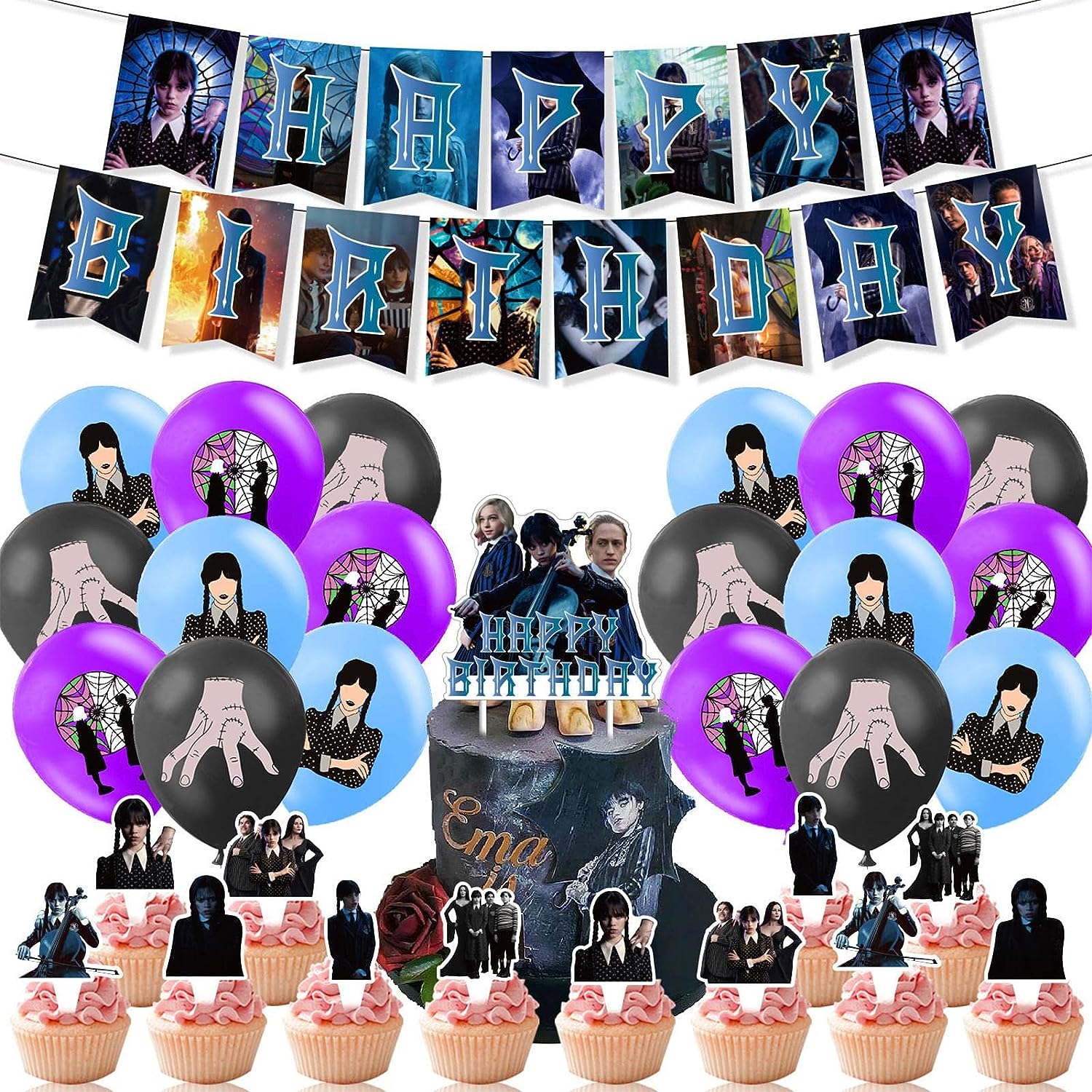 Set 18 baloane copii, Wednesday Addams, Petrecere Aniversara, EvrikaUnity®, Latex, 1 Banner Happy Birthday, 12 Cupcake Topper, 1 Cake Topper, Mov / Roz / Albastru - costumecarnaval - serbare.ro