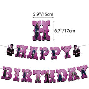 Set 18 baloane copii, Wednesday Addams, Petrecere Aniversara, EvrikaUnity®, Latex, 1 Banner Happy Birthday, 12 Cupcake Topper, 1 Cake Topper, Mov / Roz / Negru - costumecarnaval - serbare.ro