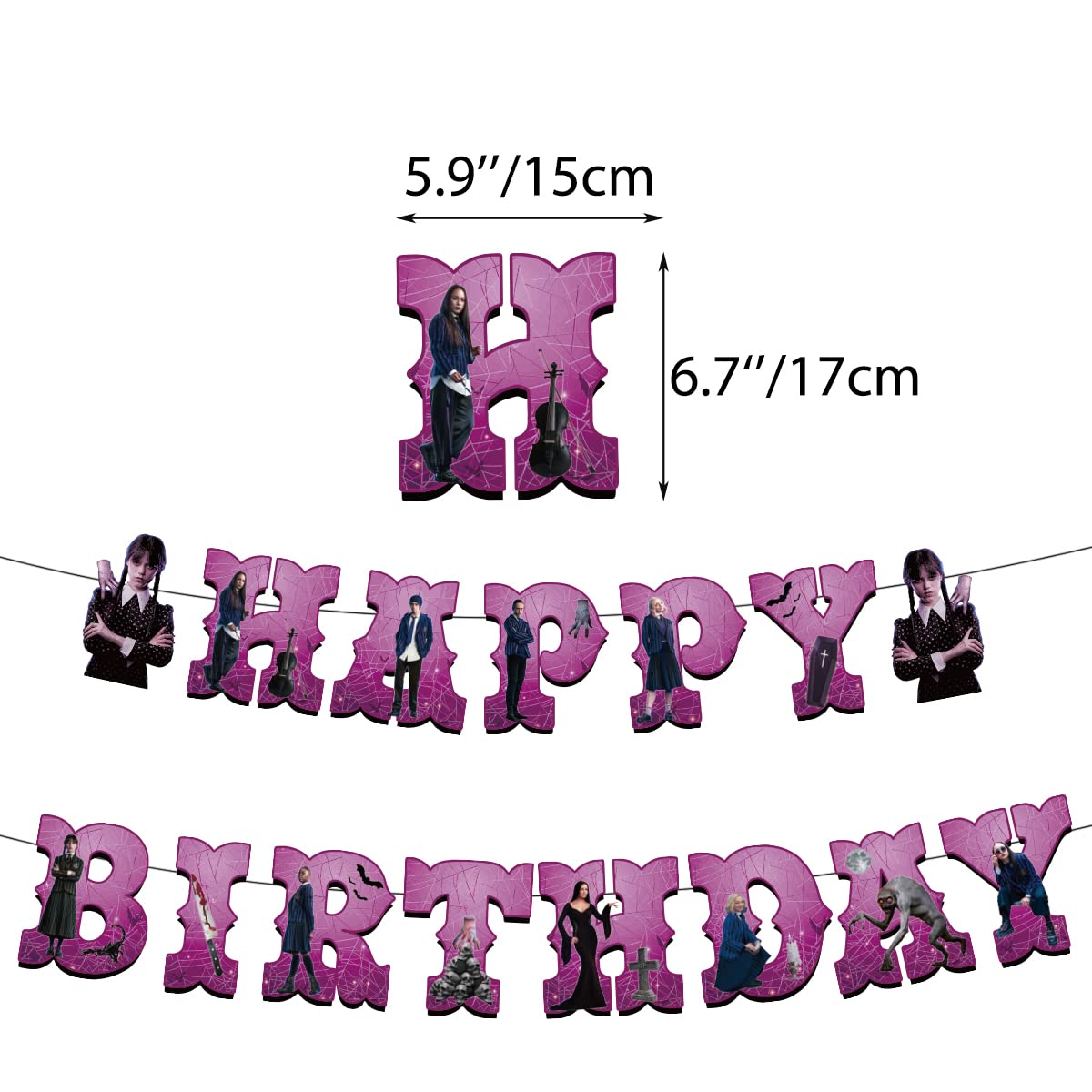 Set 18 baloane copii, Wednesday Addams, Petrecere Aniversara, EvrikaUnity®, Latex, 1 Banner Happy Birthday, 12 Cupcake Topper, 1 Cake Topper, Mov / Roz / Negru - costumecarnaval - serbare.ro