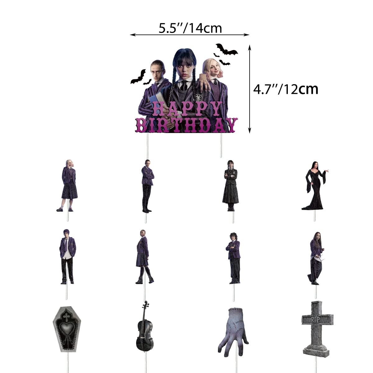 Set 18 baloane copii, Wednesday Addams, Petrecere Aniversara, EvrikaUnity®, Latex, 1 Banner Happy Birthday, 12 Cupcake Topper, 1 Cake Topper, Mov / Roz / Negru - costumecarnaval - serbare.ro