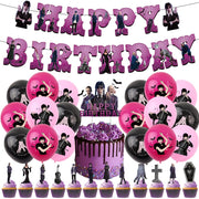 Set 18 baloane copii, Wednesday Addams, Petrecere Aniversara, EvrikaUnity®, Latex, 1 Banner Happy Birthday, 12 Cupcake Topper, 1 Cake Topper, Mov / Roz / Negru - costumecarnaval - serbare.ro