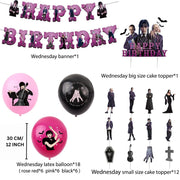 Set 18 baloane copii, Wednesday Addams, Petrecere Aniversara, EvrikaUnity®, Latex, 1 Banner Happy Birthday, 12 Cupcake Topper, 1 Cake Topper, Mov / Roz / Negru - costumecarnaval - serbare.ro