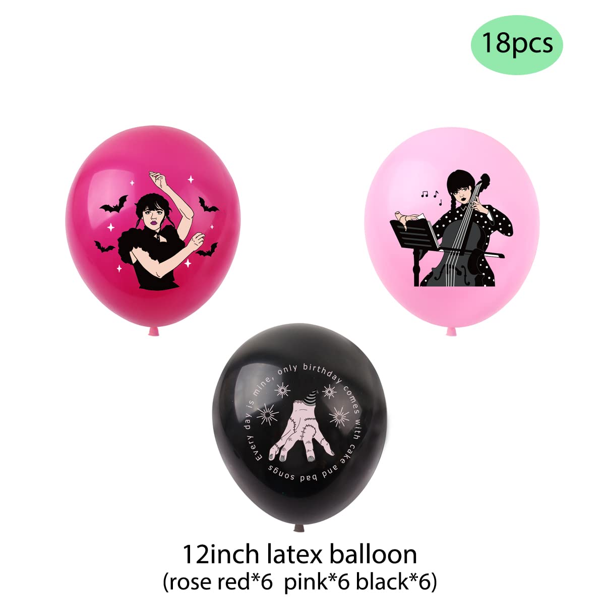 Set 18 baloane copii, Wednesday Addams, Petrecere Aniversara, EvrikaUnity®, Latex, 1 Banner Happy Birthday, 12 Cupcake Topper, 1 Cake Topper, Mov / Roz / Negru - costumecarnaval - serbare.ro