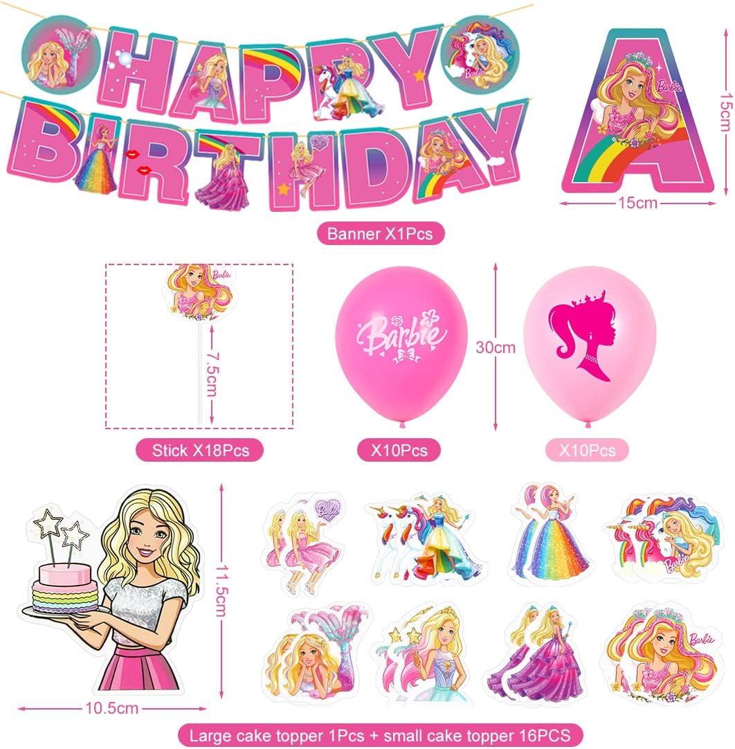 Set 20 baloane copii, Barbie, Petrecere Aniversara, EvrikaUnity®, Latex, 1 Banner Happy Birthday, 16 Cupcake Topper, 1 Cake Topper, Roz/ Rosu - costumecarnaval - serbare.ro