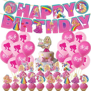 Set 20 baloane copii, Barbie, Petrecere Aniversara, EvrikaUnity®, Latex, 1 Banner Happy Birthday, 16 Cupcake Topper, 1 Cake Topper, Roz/ Rosu - costumecarnaval - serbare.ro