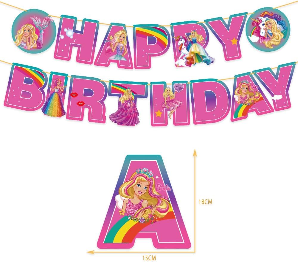 Set 20 baloane copii, Barbie, Petrecere Aniversara, EvrikaUnity®, Latex, 1 Banner Happy Birthday, 16 Cupcake Topper, 1 Cake Topper, Roz/ Rosu - costumecarnaval - serbare.ro