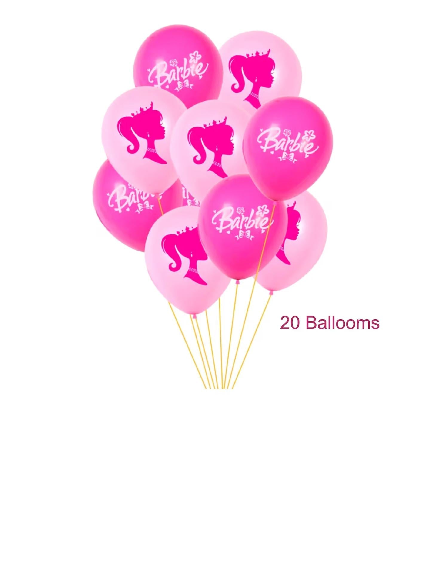 Set 20 baloane copii, Barbie, Petrecere Aniversara, EvrikaUnity®, Latex, 1 Banner Happy Birthday, 16 Cupcake Topper, 1 Cake Topper, Roz/ Rosu - costumecarnaval - serbare.ro