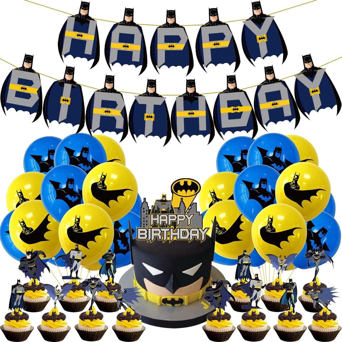 Set 20 baloane copii, Batman, Petrecere Aniversara, Latex, 1 Banner Happy Birthday, 14 Cupcake Topper, 1 Cake Topper, Albastru / Galben - costumecarnaval - serbare.ro