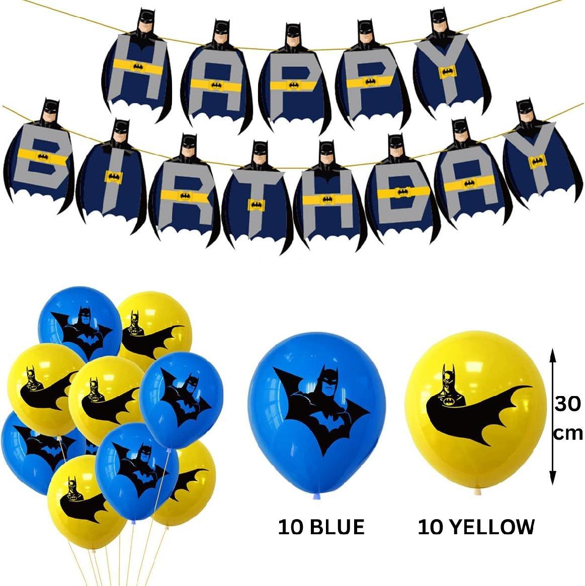 Set 20 baloane copii, Batman, Petrecere Aniversara, Latex, 1 Banner Happy Birthday, 14 Cupcake Topper, 1 Cake Topper, Albastru / Galben - costumecarnaval - serbare.ro