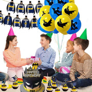 Set 20 baloane copii, Batman, Petrecere Aniversara, Latex, 1 Banner Happy Birthday, 14 Cupcake Topper, 1 Cake Topper, Albastru / Galben - costumecarnaval - serbare.ro