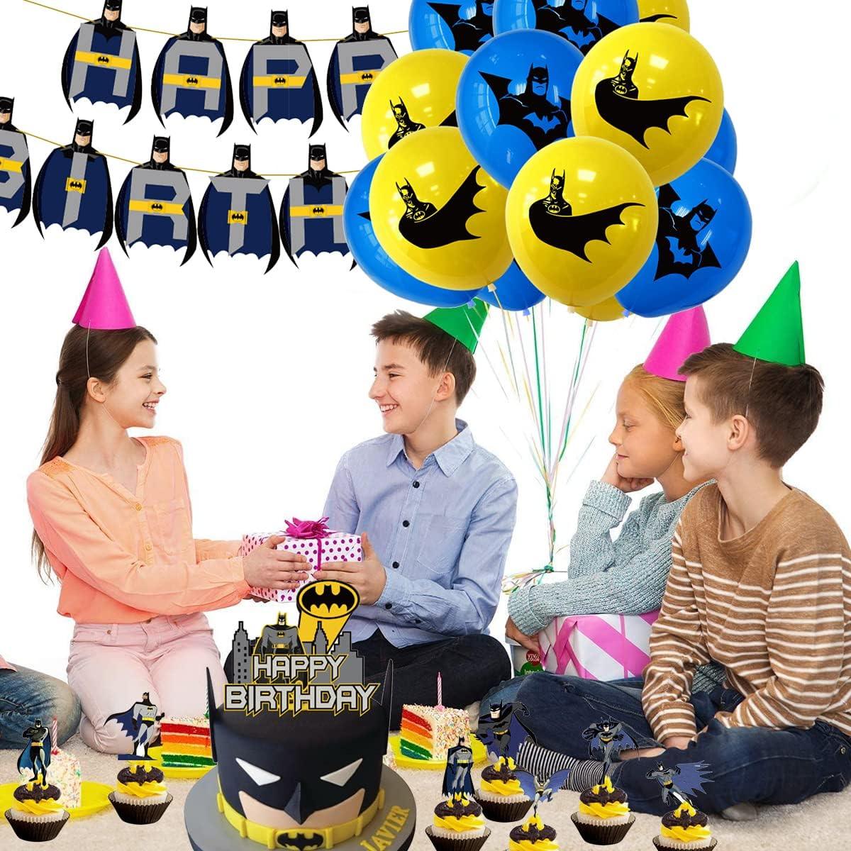 Set 20 baloane copii, Batman, Petrecere Aniversara, Latex, 1 Banner Happy Birthday, 14 Cupcake Topper, 1 Cake Topper, Albastru / Galben - costumecarnaval - serbare.ro
