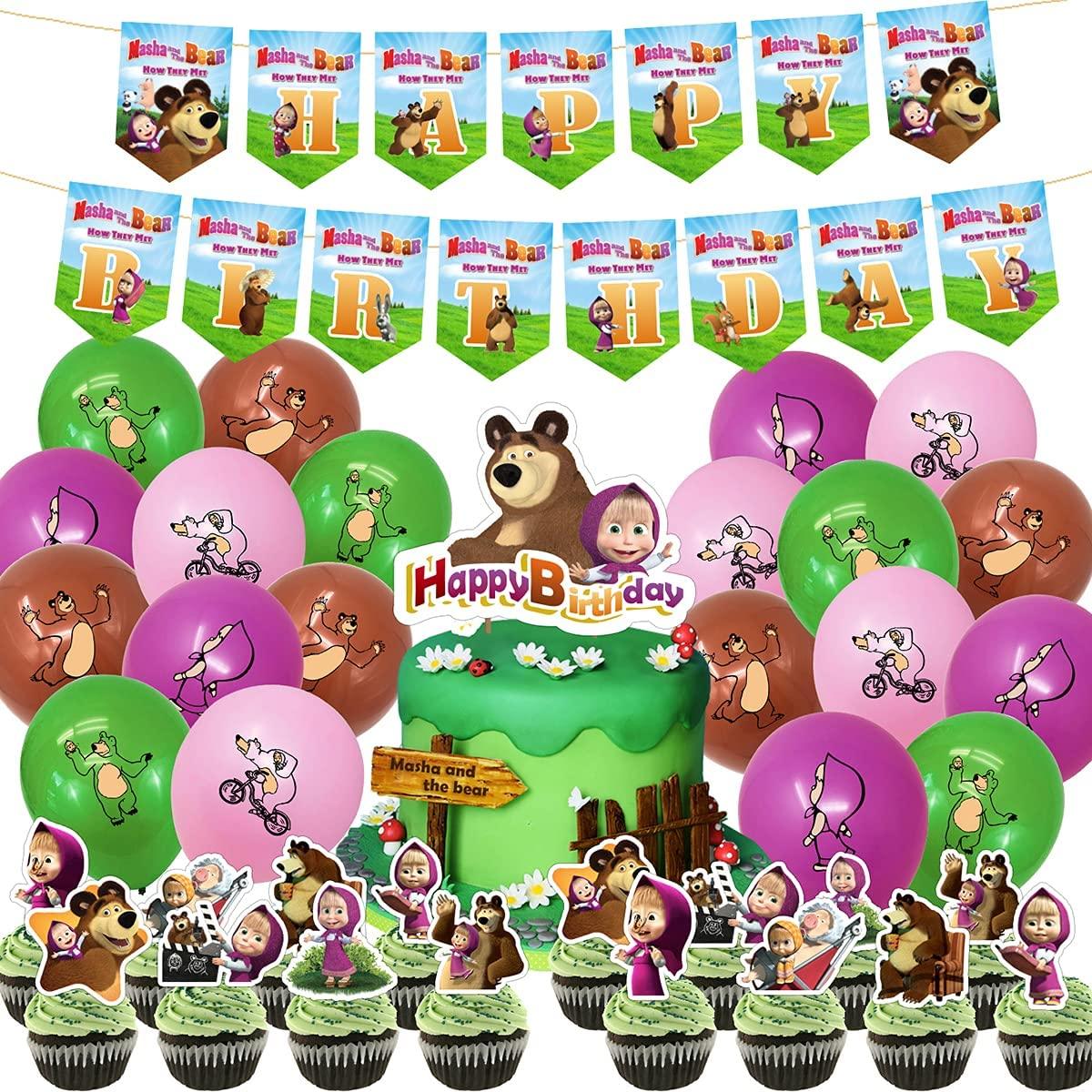Set 20 baloane copii, Masha si Ursul, Petrecere Aniversara, Latex, 1 Banner Happy Birthday, 24 Cupcake Topper, 1 Cake Topper, Multicolor - costumecarnaval - serbare.ro