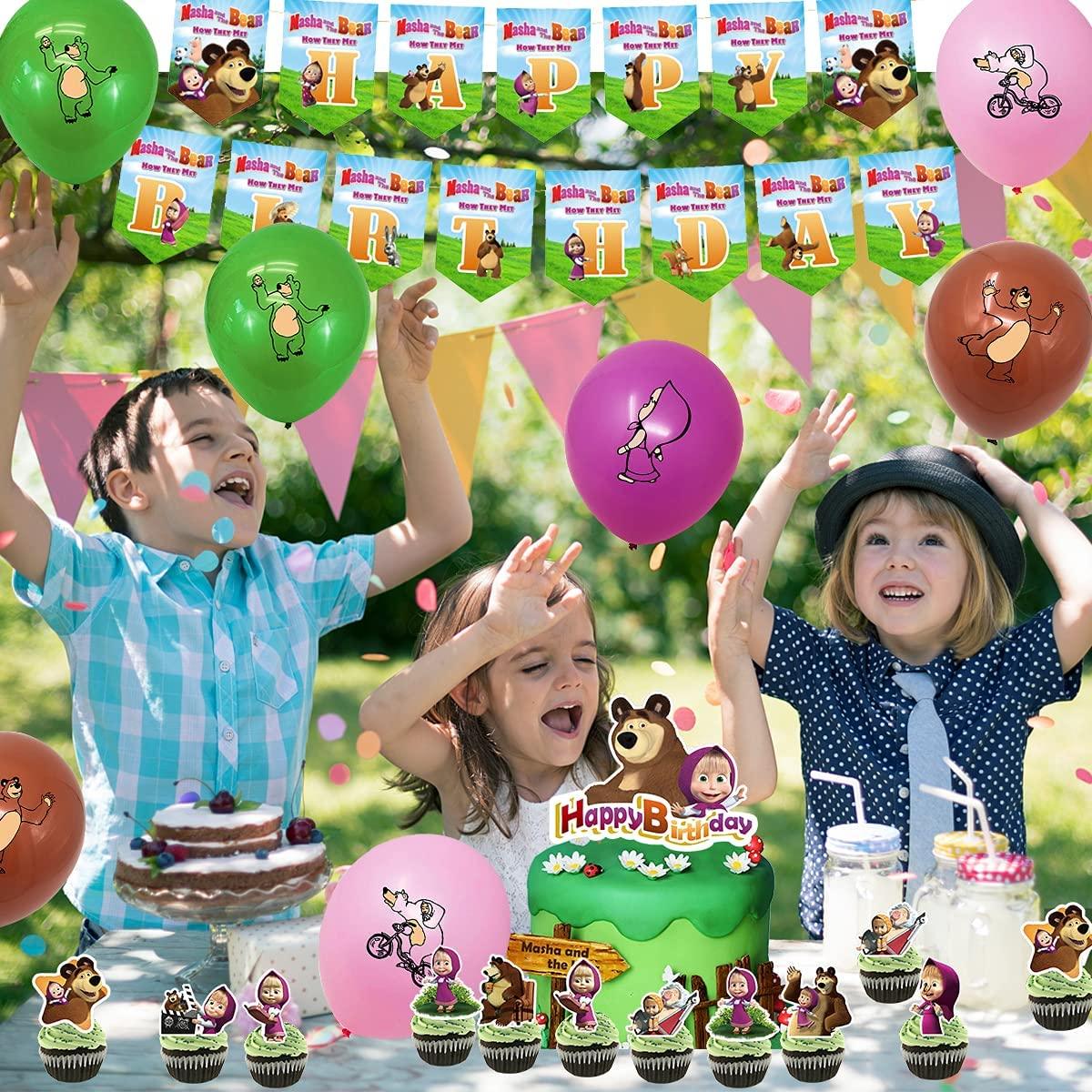 Set 20 baloane copii, Masha si Ursul, Petrecere Aniversara, Latex, 1 Banner Happy Birthday, 24 Cupcake Topper, 1 Cake Topper, Multicolor - costumecarnaval - serbare.ro