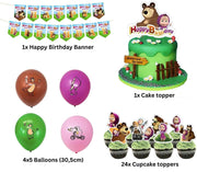 Set 20 baloane copii, Masha si Ursul, Petrecere Aniversara, Latex, 1 Banner Happy Birthday, 24 Cupcake Topper, 1 Cake Topper, Multicolor - costumecarnaval - serbare.ro