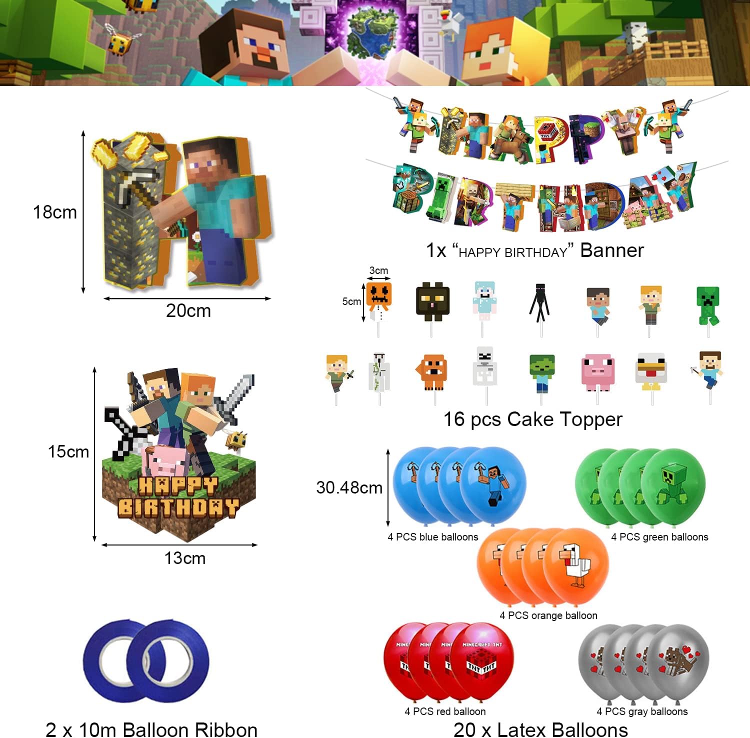 Set 20 baloane copii, Minecraft Aventura, EvrikaUnity®, Petrecere Aniversara, Latex, 1 Banner Happy Birthday, 15 Cupcake Topper, 1 Cake Topper, Multicolor - costumecarnaval - serbare.ro