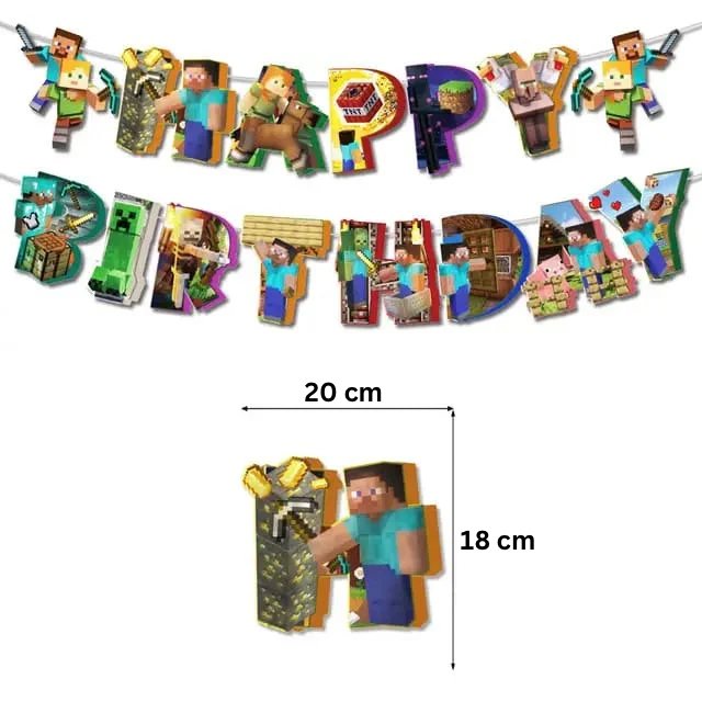 Set 20 baloane copii, Minecraft Aventura, EvrikaUnity®, Petrecere Aniversara, Latex, 1 Banner Happy Birthday, 15 Cupcake Topper, 1 Cake Topper, Multicolor - costumecarnaval - serbare.ro