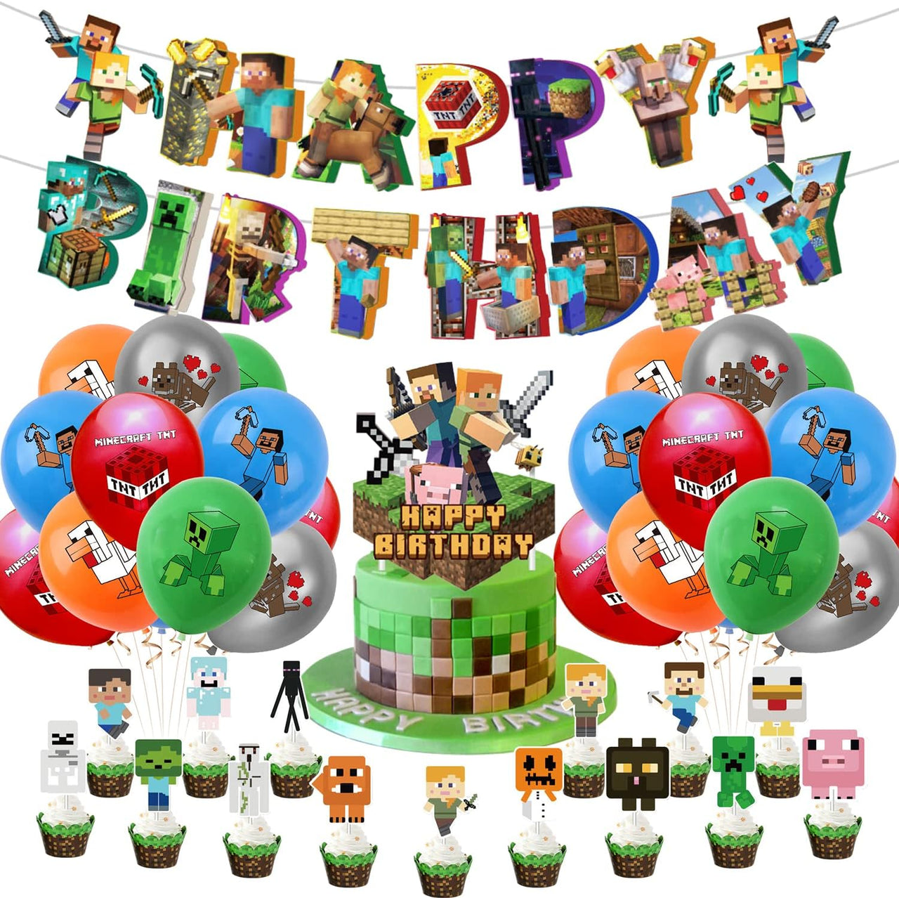 Set 20 baloane copii, Minecraft Aventura, EvrikaUnity®, Petrecere Aniversara, Latex, 1 Banner Happy Birthday, 15 Cupcake Topper, 1 Cake Topper, Multicolor - costumecarnaval - serbare.ro