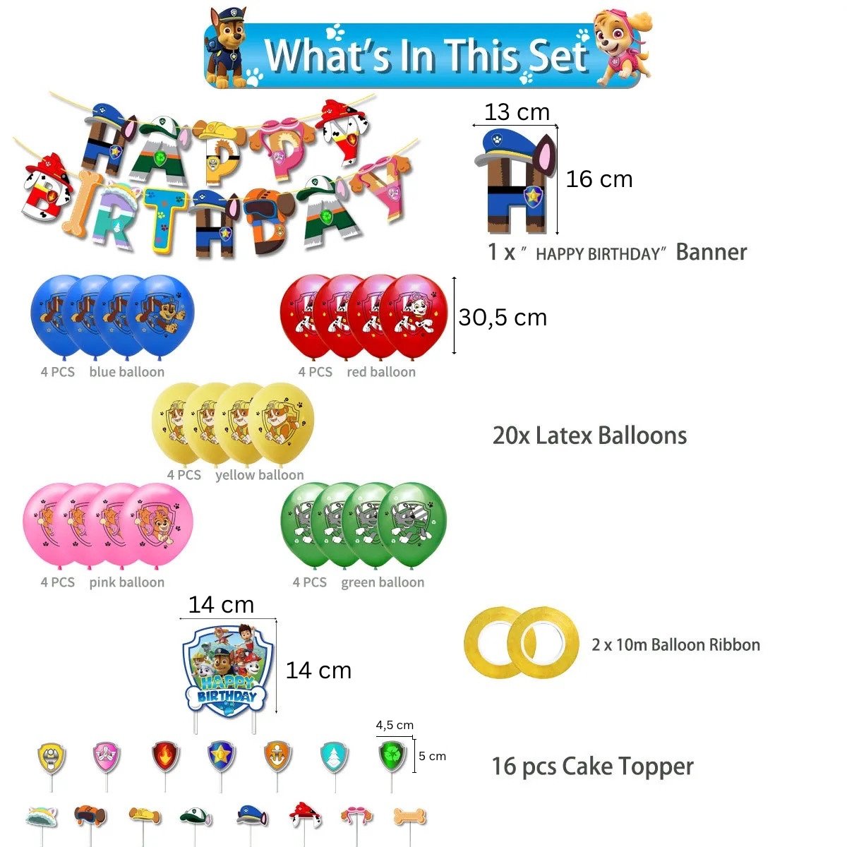 Set 20 baloane copii, Patrula Catelusilor, Petrecere Aniversara, EvrikaUnity®, Latex, 1 Banner Happy Birthday, 16 Cupcake Topper, 1 Cake Topper, Albastru - costumecarnaval - serbare.ro