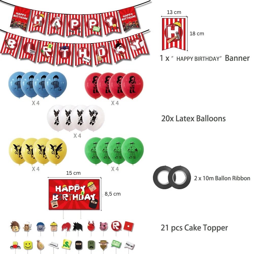 Set 20 baloane copii, Roblox, Petrecere Aniversara, EvrikaUnity®, Latex, 1 Banner Happy Birthday, 20 Cupcake Topper, 1 Cake Topper, Multicolor - costumecarnaval - serbare.ro