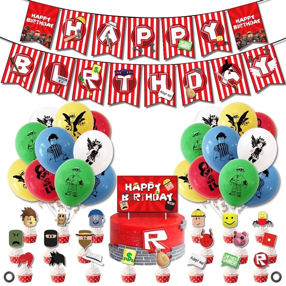 Set 20 baloane copii, Roblox, Petrecere Aniversara, EvrikaUnity®, Latex, 1 Banner Happy Birthday, 20 Cupcake Topper, 1 Cake Topper, Multicolor - costumecarnaval - serbare.ro