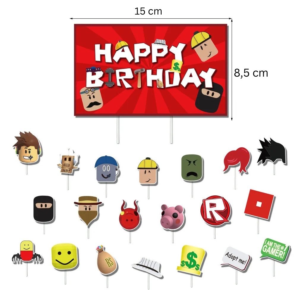 Set 20 baloane copii, Roblox, Petrecere Aniversara, EvrikaUnity®, Latex, 1 Banner Happy Birthday, 20 Cupcake Topper, 1 Cake Topper, Multicolor - costumecarnaval - serbare.ro