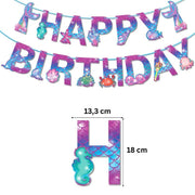 Set 20 baloane copii, Sirene, Petrecere Aniversara, Latex, 1 Banner Happy Birthday, 15 Cupcake Topper, 1 Cake Topper, Mov/Albastru - costumecarnaval - serbare.ro