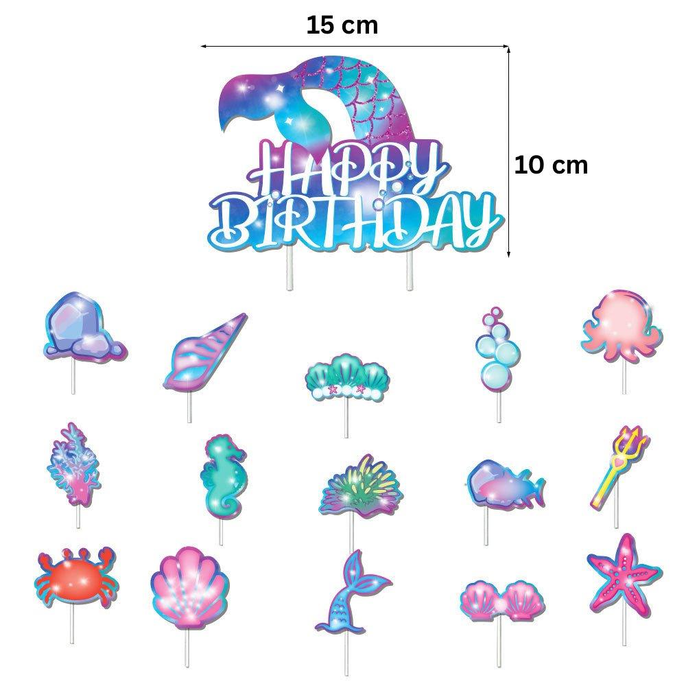 Set 20 baloane copii, Sirene, Petrecere Aniversara, Latex, 1 Banner Happy Birthday, 15 Cupcake Topper, 1 Cake Topper, Mov/Albastru - costumecarnaval - serbare.ro