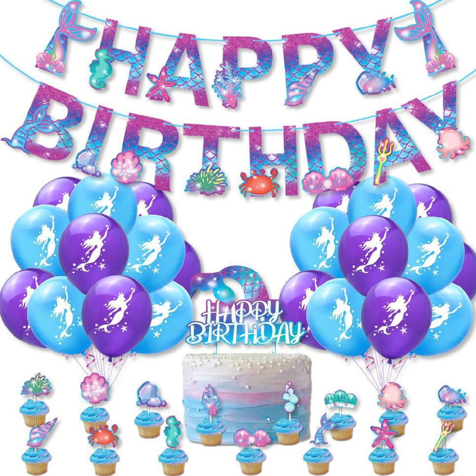 Set 20 baloane copii, Sirene, Petrecere Aniversara, Latex, 1 Banner Happy Birthday, 15 Cupcake Topper, 1 Cake Topper, Mov/Albastru - costumecarnaval - serbare.ro