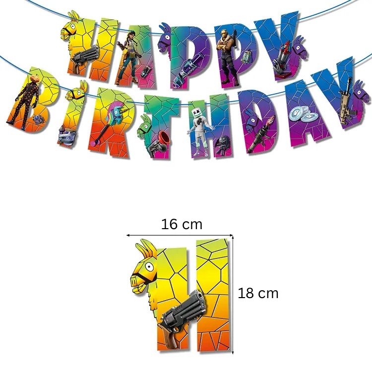 Set 20 baloane pentru copii, Fortnite, Petrecere Aniversara, Latex, 1 Banner Happy Birthday, 15 Cupcake Topper, 1 Cake Topper, Multicolor - costumecarnaval - serbare.ro