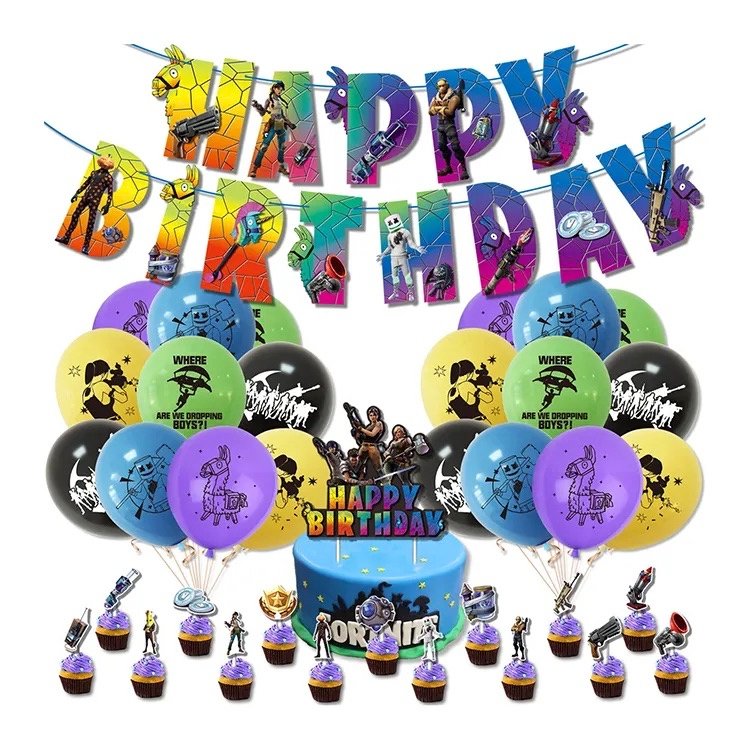 Set 20 baloane pentru copii, Fortnite, Petrecere Aniversara, Latex, 1 Banner Happy Birthday, 15 Cupcake Topper, 1 Cake Topper, Multicolor - costumecarnaval - serbare.ro