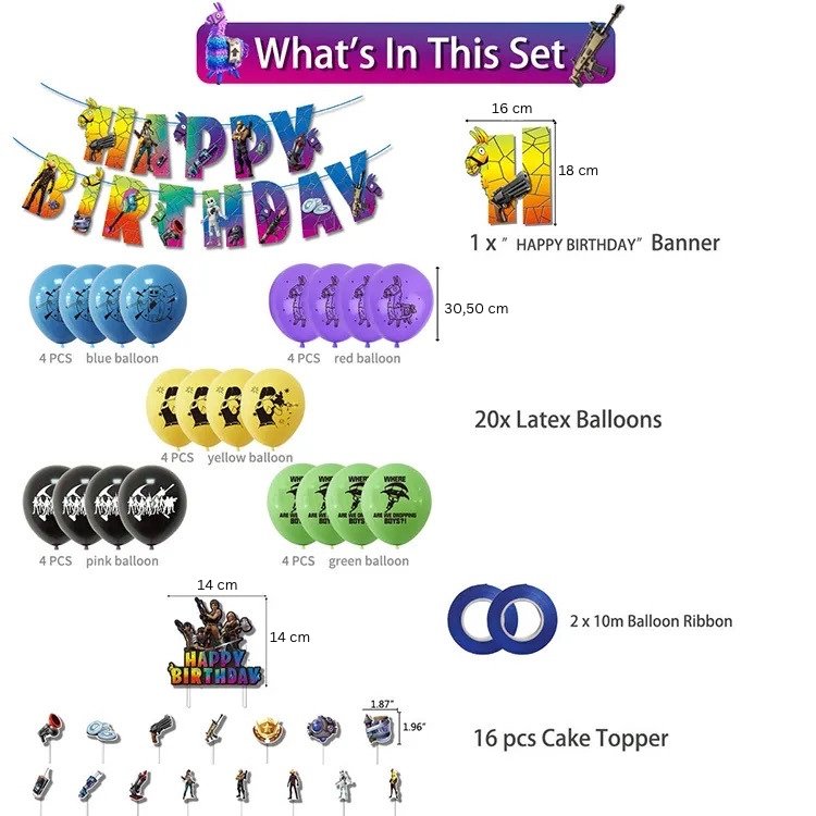 Set 20 baloane pentru copii, Fortnite, Petrecere Aniversara, Latex, 1 Banner Happy Birthday, 15 Cupcake Topper, 1 Cake Topper, Multicolor - costumecarnaval - serbare.ro