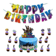 Set 20 baloane pentru copii, Fortnite, Petrecere Aniversara, Latex, 1 Banner Happy Birthday, 15 Cupcake Topper, 1 Cake Topper, Multicolor - costumecarnaval - serbare.ro