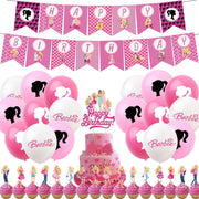 Set 24 baloane copii, Barbie, Barbieland, Petrecere Aniversara, EvrikaUnity®, Latex, 1 Banner Happy Birthday, 16 Cupcake Topper, 1 Cake Topper, Roz/ Roz deschis/ Alb - costumecarnaval - serbare.ro