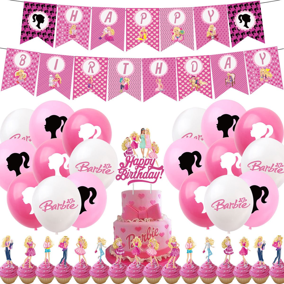 Set 24 baloane copii, Barbie, Barbieland, Petrecere Aniversara, EvrikaUnity®, Latex, 1 Banner Happy Birthday, 16 Cupcake Topper, 1 Cake Topper, Roz/ Roz deschis/ Alb - costumecarnaval - serbare.ro