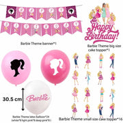Set 24 baloane copii, Barbie, Barbieland, Petrecere Aniversara, EvrikaUnity®, Latex, 1 Banner Happy Birthday, 16 Cupcake Topper, 1 Cake Topper, Roz/ Roz deschis/ Alb - costumecarnaval - serbare.ro