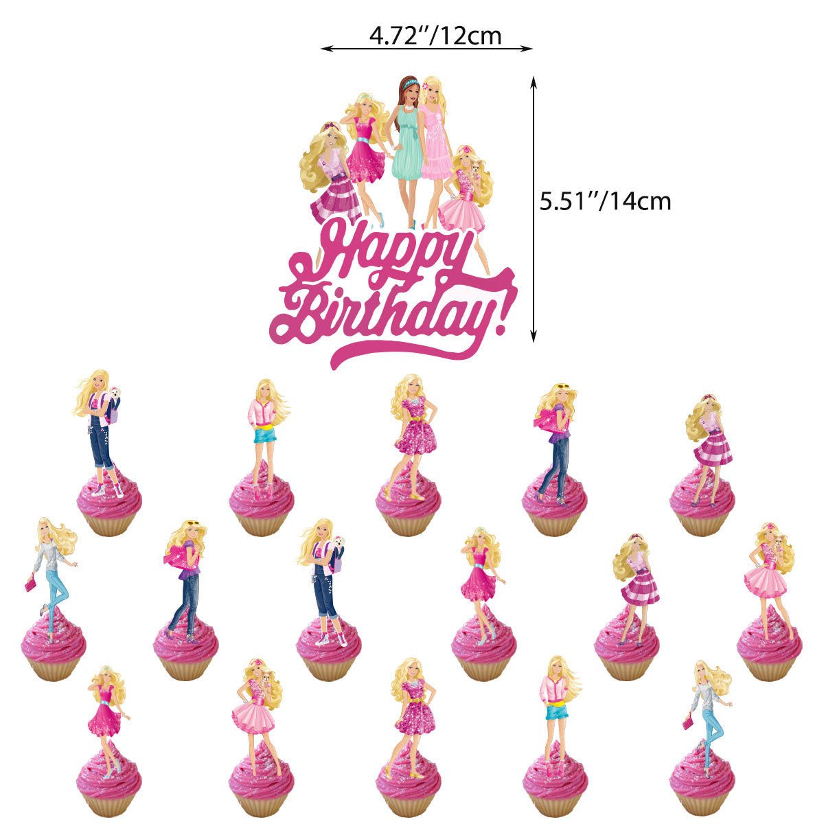 Set 24 baloane copii, Barbie, Barbieland, Petrecere Aniversara, EvrikaUnity®, Latex, 1 Banner Happy Birthday, 16 Cupcake Topper, 1 Cake Topper, Roz/ Roz deschis/ Alb - costumecarnaval - serbare.ro