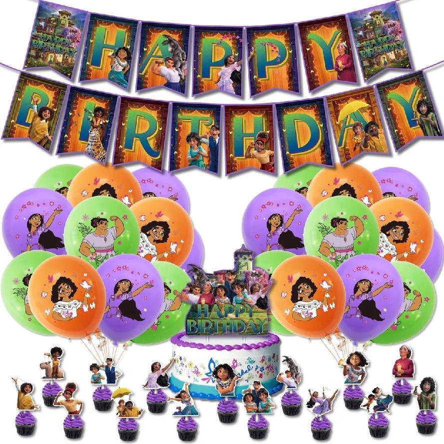 Set 24 baloane copii, Encanto, Petrecere Aniversara, Latex, 1 Banner Happy Birthday, 16 Cupcake Topper,1 Cake Topper, Mov - costumecarnaval - serbare.ro
