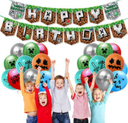 Set 24 baloane copii, Minecraft, Petrecere Aniversara, Latex, 1 Banner Happy Birthday, 12 Cupcake Topper, 1 Cake Topper, Verde - costumecarnaval - serbare.ro