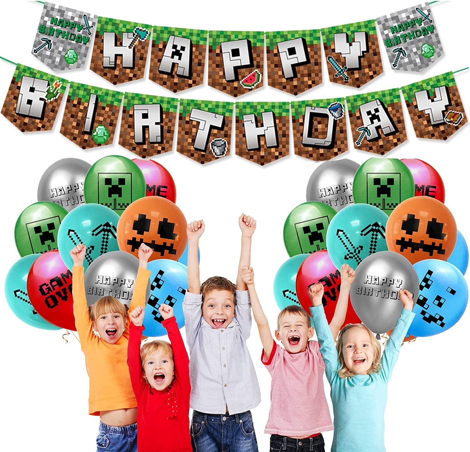Set 24 baloane copii, Minecraft, Petrecere Aniversara, Latex, 1 Banner Happy Birthday, 12 Cupcake Topper, 1 Cake Topper, Verde - costumecarnaval - serbare.ro