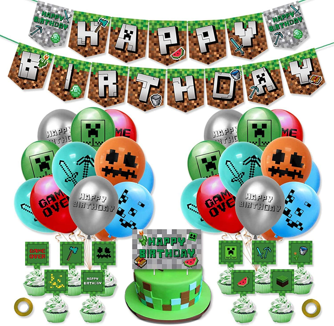 Set 24 baloane copii, Minecraft, Petrecere Aniversara, Latex, 1 Banner Happy Birthday, 12 Cupcake Topper, 1 Cake Topper, Verde - costumecarnaval - serbare.ro
