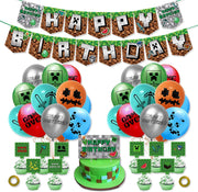 Set 24 baloane copii, Minecraft, Petrecere Aniversara, Latex, 1 Banner Happy Birthday, 12 Cupcake Topper, 1 Cake Topper, Verde - costumecarnaval - serbare.ro