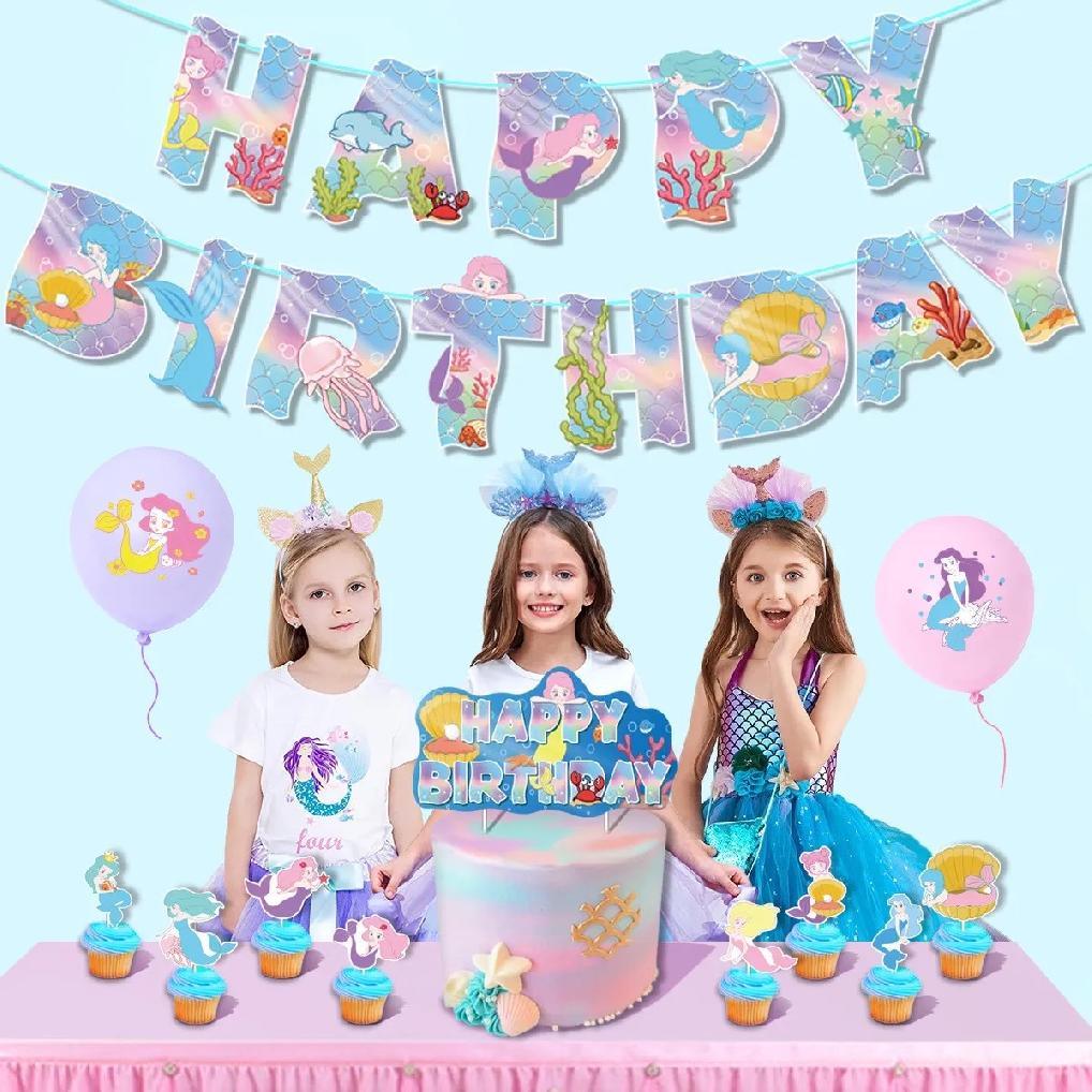 Set 24 baloane copii, Sirene, Petrecere Aniversara, Latex, 1 Banner Happy Birthday, 16 Cupcake Topper, 1 Cake Topper, Roz - costumecarnaval - serbare.ro