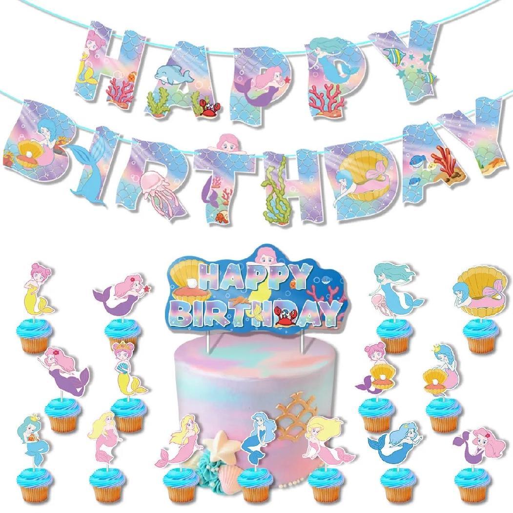 Set 24 baloane copii, Sirene, Petrecere Aniversara, Latex, 1 Banner Happy Birthday, 16 Cupcake Topper, 1 Cake Topper, Roz - costumecarnaval - serbare.ro