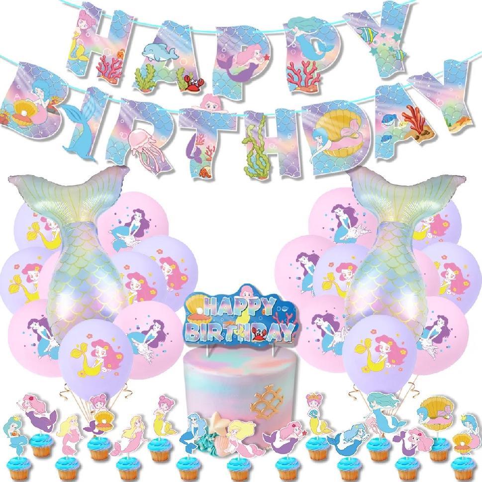 Set 24 baloane copii, Sirene, Petrecere Aniversara, Latex, 1 Banner Happy Birthday, 16 Cupcake Topper, 1 Cake Topper, Roz - costumecarnaval - serbare.ro